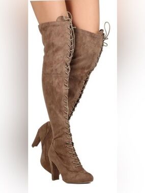 Savage Style Wild Diva Over The Knee Tan Vegan Suede Boots Corset Style Lace Up